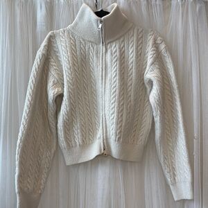 Cozy Cable Knit Zip-Up Turtleneck Sweater - Cream
